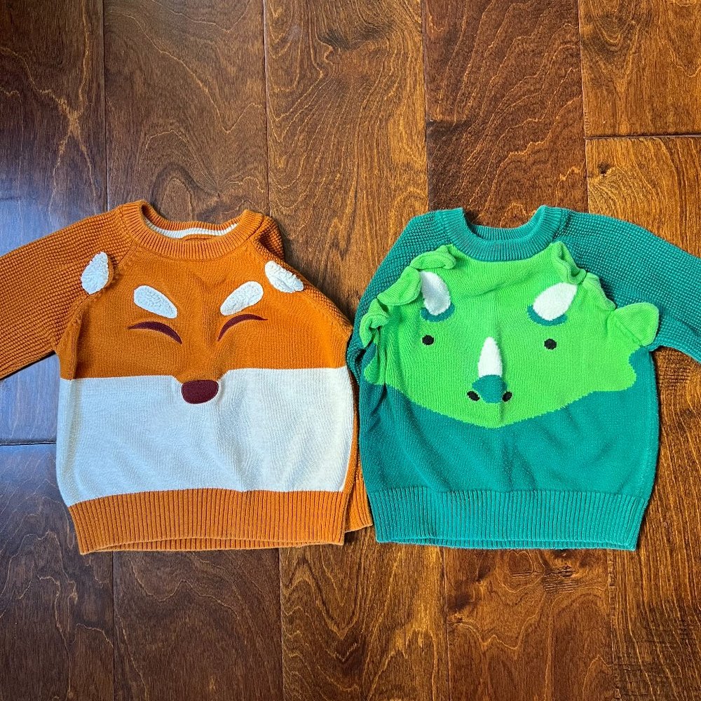 TWIN BUNDLE - 2 Cat & Jack Cotton Sweaters (Orange Fox & Green Dino)
